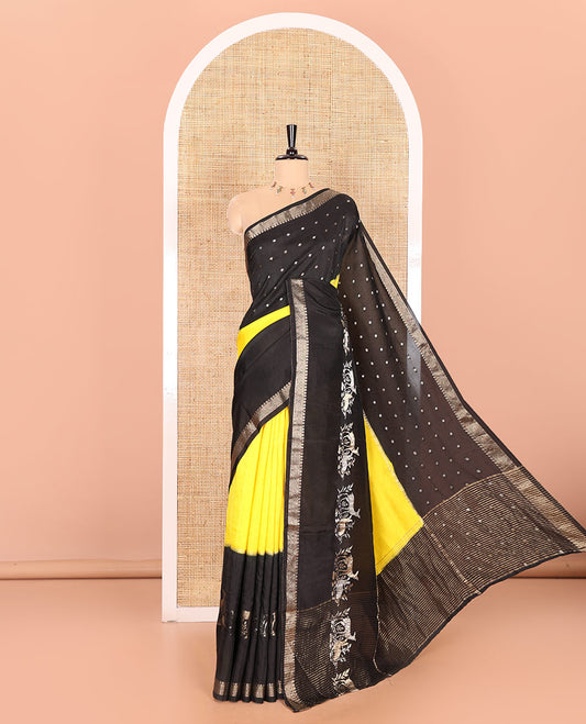 Black and yellow three-part, uniquely woven Russian silk saree features zari buttas and deer motifs, traditional motifs border, striped pallu, and a contrast buttas blouse
