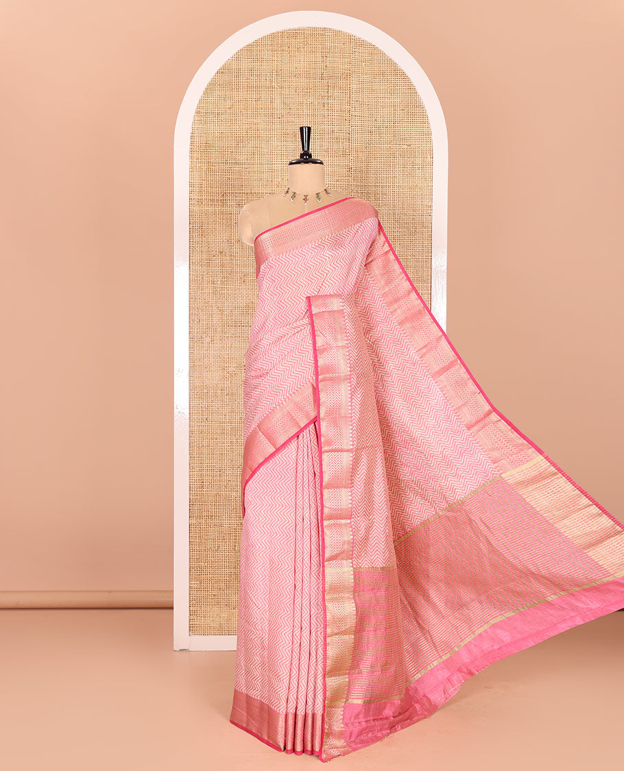 Pink Semi-Tussar Saree Accentuated with Zig-Zag Strips Prints, Featuring a Self-border with Traditional Motifs, a Zari-Striped Pallu, Paired with a Matching Blouse