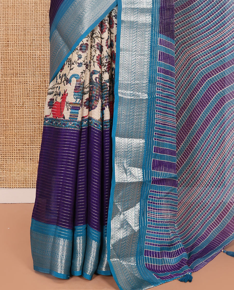 Dark Violet Viscose Georgette Elevated with Horizontal Zari Stripes and Kalamkari Flora-Fauna Prints, Complemented by a Contrast Traditional Zari Border, a Printed Pallu with Stripes, and a Contrast Blouse