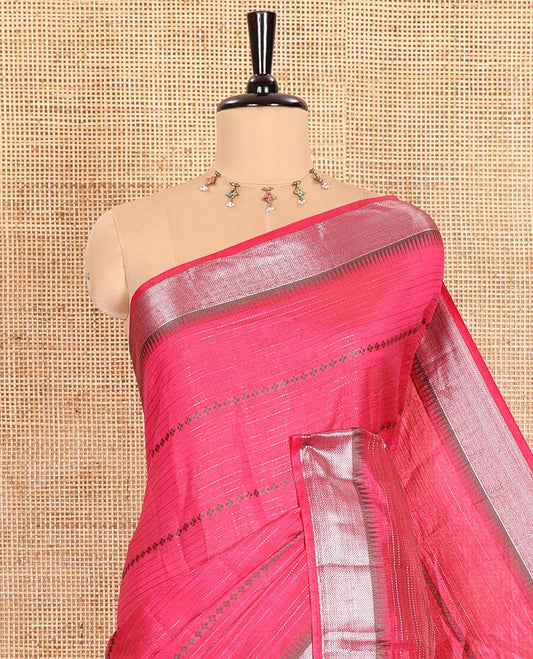Rani Pink Semi-Tussar Saree Adorned with Zari Horizontal Stripes and Thread Floral Designs, Featuring a Subtly Woven Temple Zari Border, a Striped Pallu, and a Matching Blouse