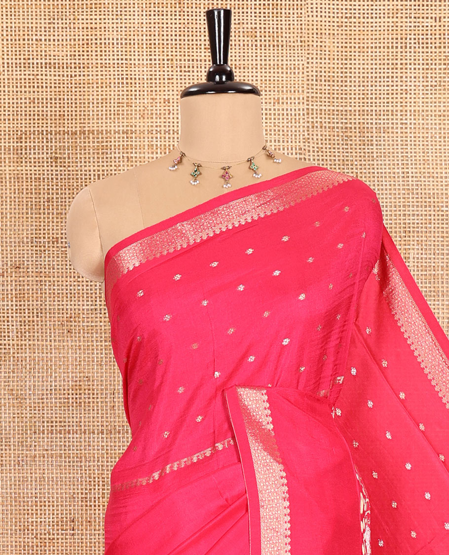 Rani Russian Silk Saree Adorned with Gold Zari Buttas and Deer Motifs, Featuring a Subtly Sparkling Traditional Zari Border, a Pallu with Zari Stripes, and a Contrast Blouse Woven with Peacock Meena Buttas
