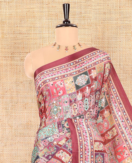 Maroon Masakali Saree Featuring Floral and Geometric Motifs Print and Mirror Work, Kaleidoscopic-Colored Printed Border, Pallu Decked Up with Colorful Intricate Patterns Print, and a Matching Printed Blouse