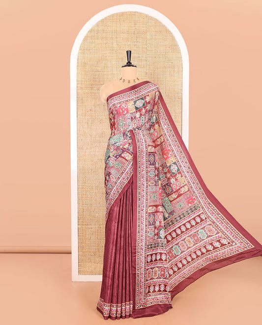 Maroon Masakali Saree Featuring Floral and Geometric Motifs Print and Mirror Work, Kaleidoscopic-Colored Printed Border, Pallu Decked Up with Colorful Intricate Patterns Print, and a Matching Printed Blouse