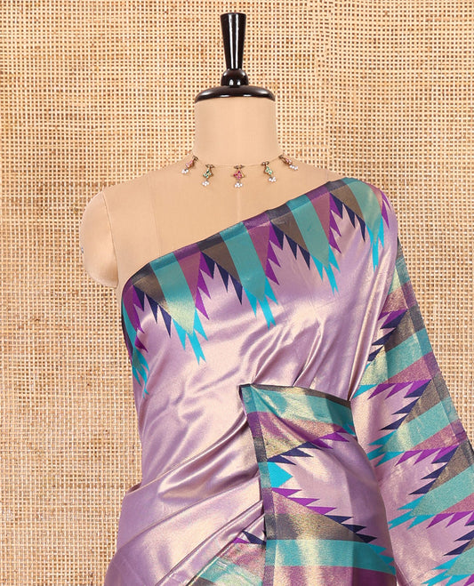 Gleaming Lavender Plain Khadi Tissue Silk Saree Featuring a Contrast Tissue Temple Border, Grand Pallu of Zari Jaal Design, and Paired with a Contrast Blouse of Zari Buttas