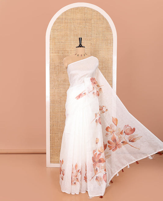 Borderless Off-White and Orange-Shaded Green Silk Saree Adorned with Floral Motifs Digital Print All Over Its Body, Elegantly Floral Printed Pallu, and Paired with a Floral Motifs Printed Blouse