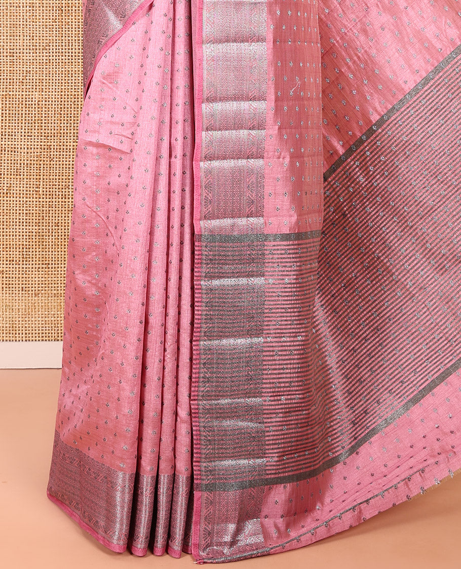 Light Pink Semi Tussar Saree Adorned with Zari Buttas All Over the Body, a Hazily Woven Border of Traditional Designs, Pallu Steeped with Zari Buttas and Zari Stripes, and Paired with a Matching Blouse