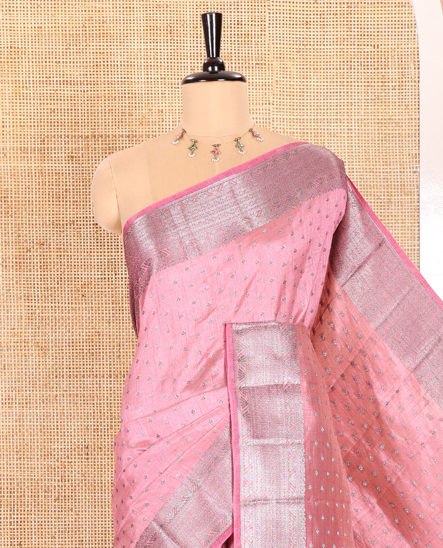 Light Pink Semi Tussar Saree Adorned with Zari Buttas All Over the Body, a Hazily Woven Border of Traditional Designs, Pallu Steeped with Zari Buttas and Zari Stripes, and Paired with a Matching Blouse