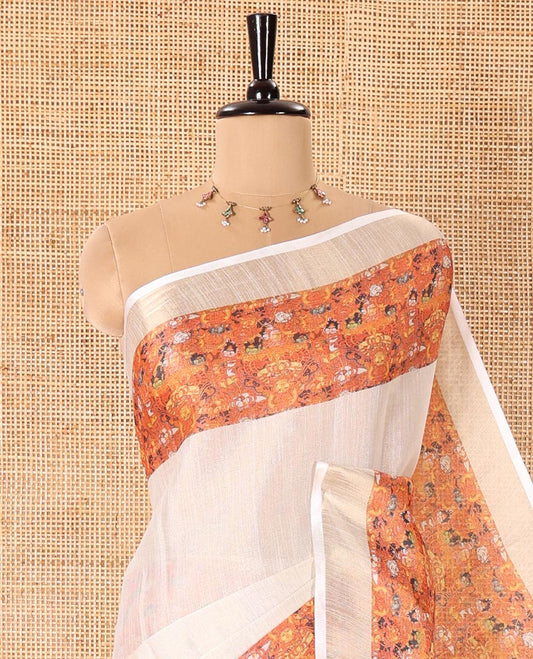 Cream Plain Tissue Saree Accentuated with Contrasting Kerala Mural Painting-Style Figurines Printed Border, Painting-Style Printed Pallu, and a Contrast Plain Blouse