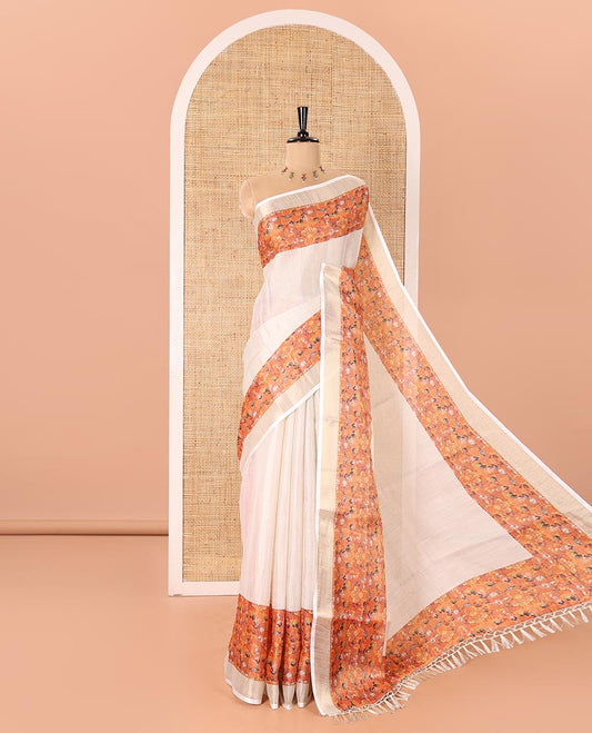 Cream Plain Tissue Saree Accentuated with Contrasting Kerala Mural Painting-Style Figurines Printed Border, Painting-Style Printed Pallu, and a Contrast Plain Blouse