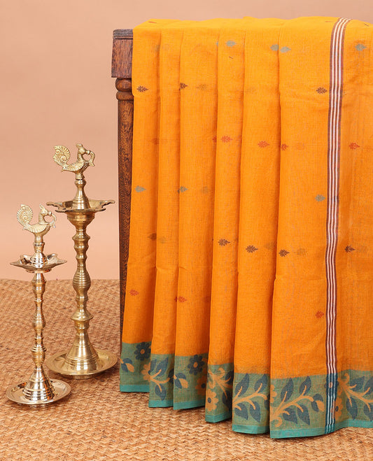 Mustard thread buttas bengal cotton saree with resham border & chit pallu along with  linen digital shafread blouse