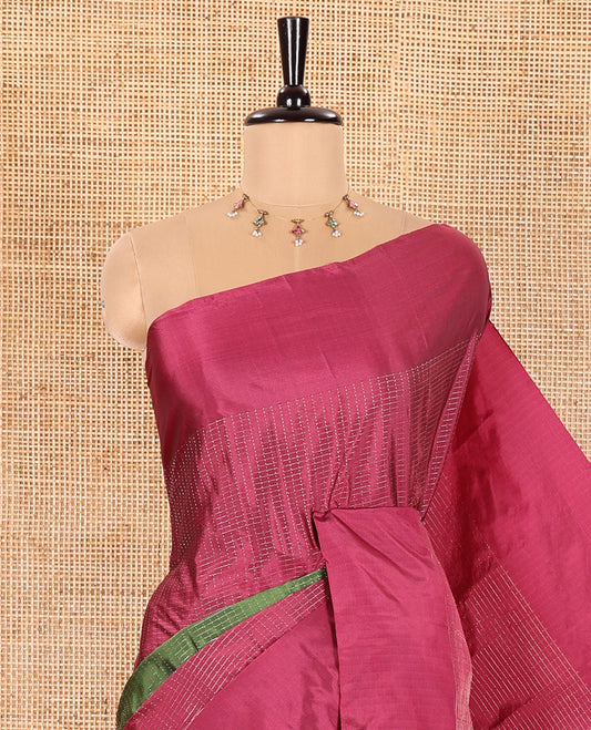 Borderless Magenta, Green, and Magenta Trio-Colored Kanchi Soft Silk Saree Elevated with Micro-Checks on Its Body, Self-Pallu of Stripes, and Paired with a Matching Blouse