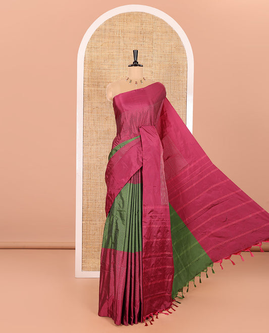 Borderless Magenta, Green, and Magenta Trio-Colored Kanchi Soft Silk Saree Elevated with Micro-Checks on Its Body, Self-Pallu of Stripes, and Paired with a Matching Blouse