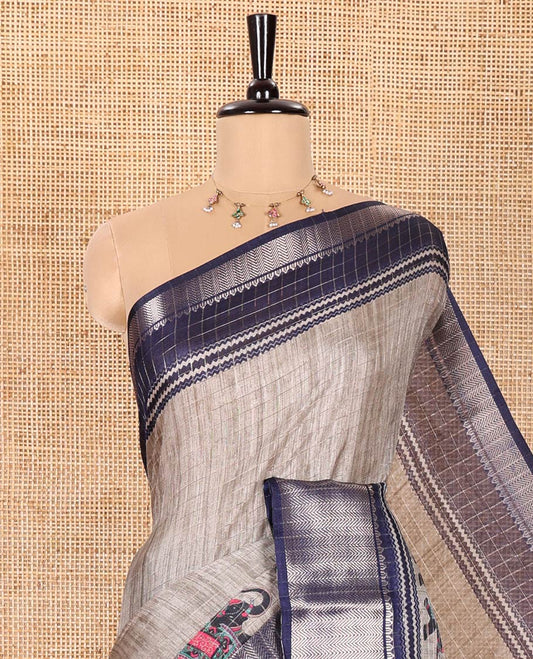 Grey and Blue Dola Silk Saree Subtly Designed with Checks and Elephant Motifs Print, Complemented by a Contrast Traditional Zari Design Border, Pallu Depicting Elephant Motifs Print, and Paired with a Contrast Blouse