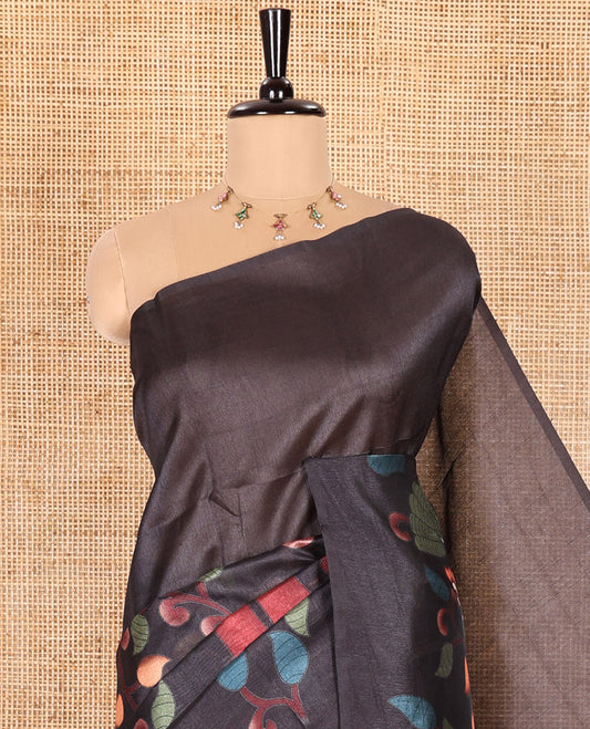 Borderless Black Linen Cotton Saree, Artfully Printed with Kalamkari-Style Floral Vine, and Elephant Motifs, Pallu Mirroring the Kalamkari Print, and Paired with a Matching Printed Blouse