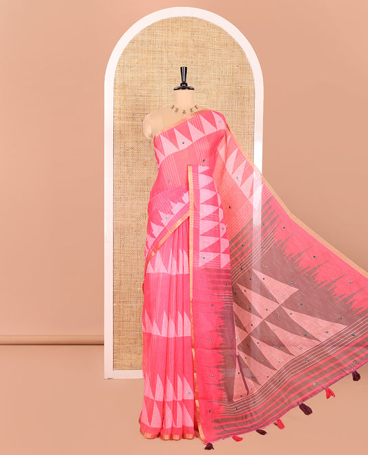 Pink Linen Saree Beautified with Triangle Patterns Print, and Mirror Work All Over Its Body, Subtle Zari Piping Border, Contrast Pallu Mirrors the Same Print, and Paired with a Printed Blouse