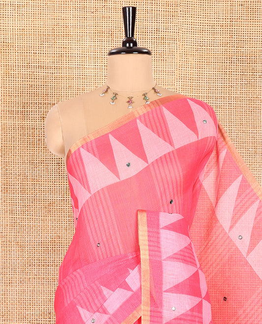 Pink Linen Saree Beautified with Triangle Patterns Print, and Mirror Work All Over Its Body, Subtle Zari Piping Border, Contrast Pallu Mirrors the Same Print, and Paired with a Printed Blouse