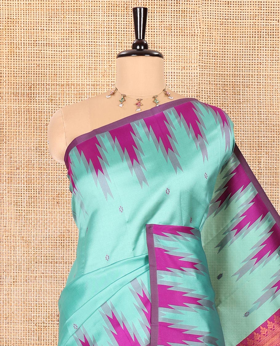 Green Kanchi Silk Saree Woven with Thread Buttas All Over Its Body, Complemented by a Contrast Temple Border, Grandly Woven Pallu of Intricate Design Weave, and Paired with a Contrast Blouse