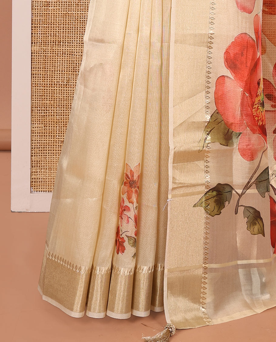 Gold Tissue Saree, Highlighted by Vibrant Floral Motifs Printed All Over Its Body, Gleamed Up with a Zari Border, Pallu with a Realistic Floral Print, and Paired with a Matching Printed Blouse