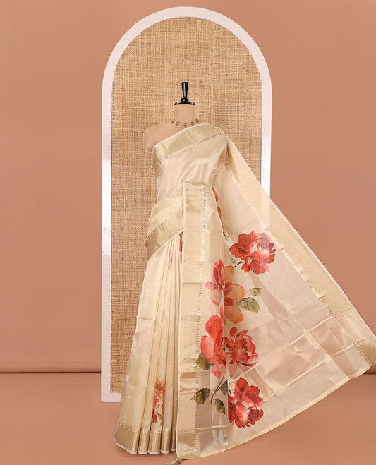 Gold Tissue Saree, Highlighted by Vibrant Floral Motifs Printed All Over Its Body, Gleamed Up with a Zari Border, Pallu with a Realistic Floral Print, and Paired with a Matching Printed Blouse