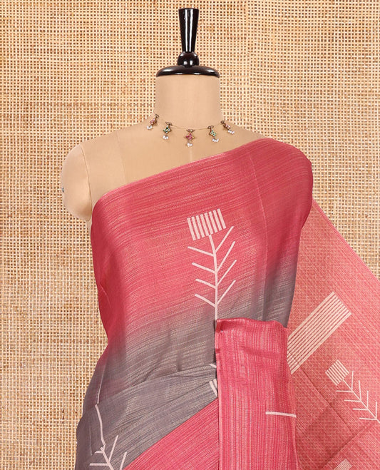 Light Brown Tissue Saree, Adorned with Horizontal Stripes and Unique Motifs Printed All Over Its Body, Complemented by Contrast Printed Border, Pallu Depicts Geometric Patterns, and Paired with a Contrast Geometric Printed Blouse