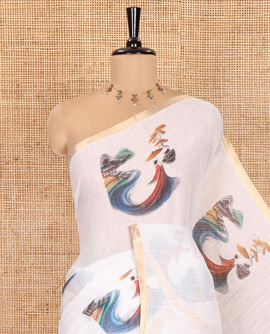 White Linen Cotton Saree Showcasing Chinese Women Motifs Printed on Its Body, and Pallu, Subtle Piping Border, and Paired with a Matching Blouse