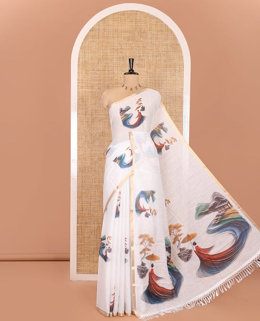 White Linen Cotton Saree Showcasing Chinese Women Motifs Printed on Its Body, and Pallu, Subtle Piping Border, and Paired with a Matching Blouse