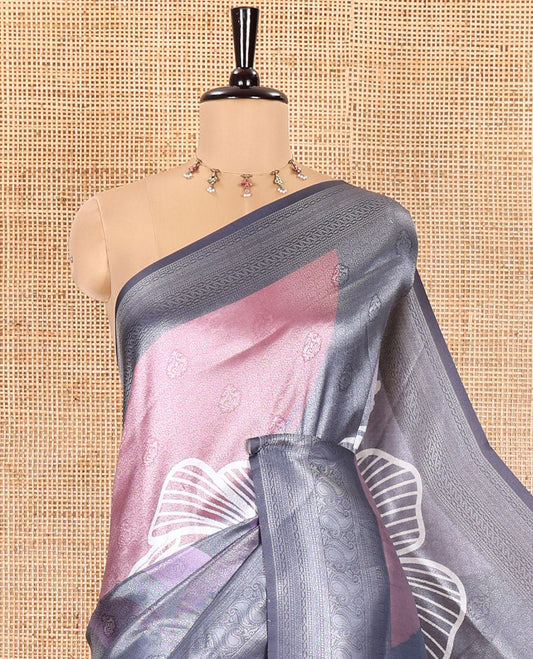 Pink and Grey Tissue Saree, Adorned with Jacquard Design and Floral Printed on Its Body, Complemented by Contrast Traditional Motifs Print, Pallu Steeped with Floral Motifs, and Paired with a Contrast Blouse
