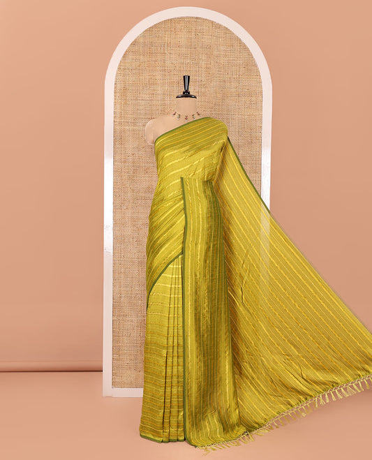 Borderless Green Vichitra Silk Saree, Accentuated with Horizontal Stripes and Sequin Stripes, Paired with a Matching Blouse