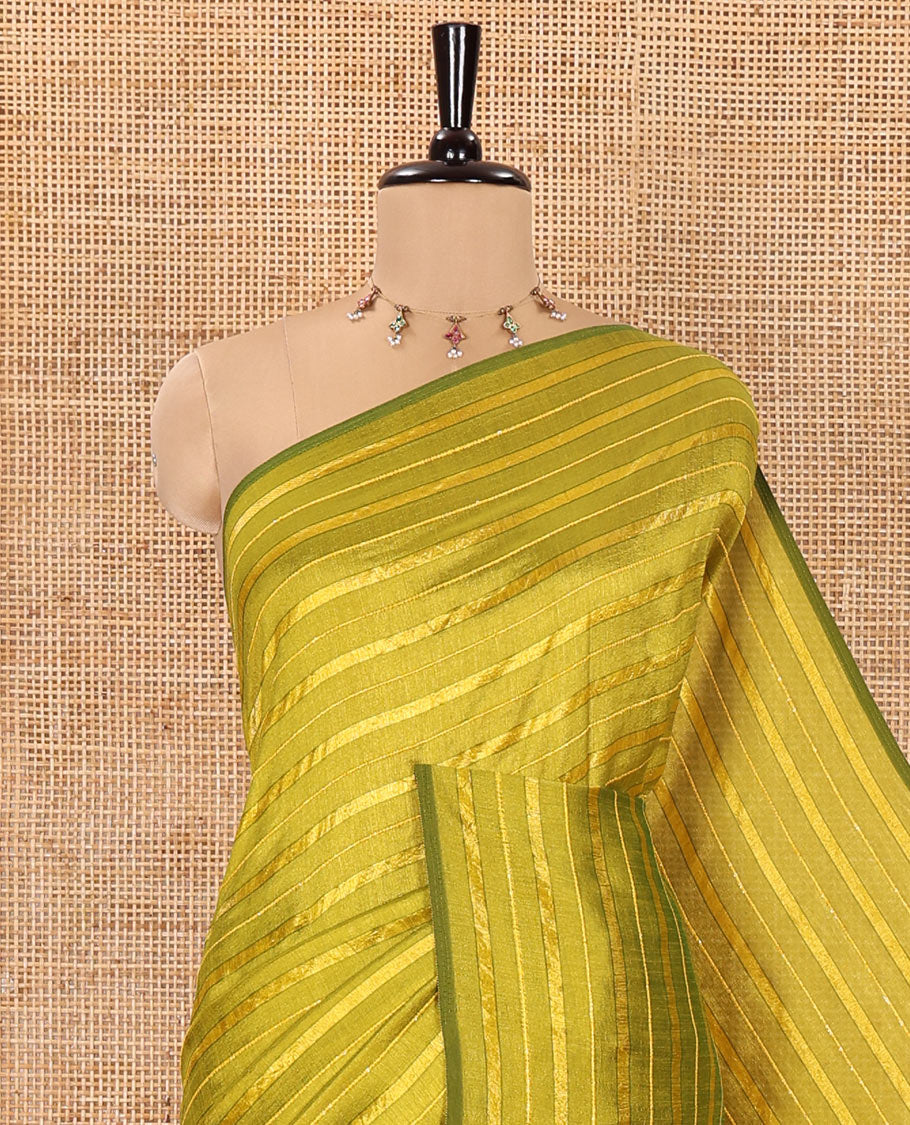 Borderless Green Vichitra Silk Saree, Accentuated with Horizontal Stripes and Sequin Stripes, Paired with a Matching Blouse