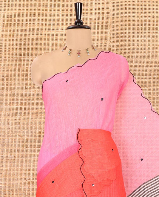Pink-Tomato Red Linen Cotton Saree, Adorned with Ombre-Style Dyed with Mirror Work Across Its Body, Subtly Sparkled Scallop Thread Border, Pallu Steeped with Stripes and Mirror Work, and Paired with a Contrast Vertical Stripes Printed Blouse