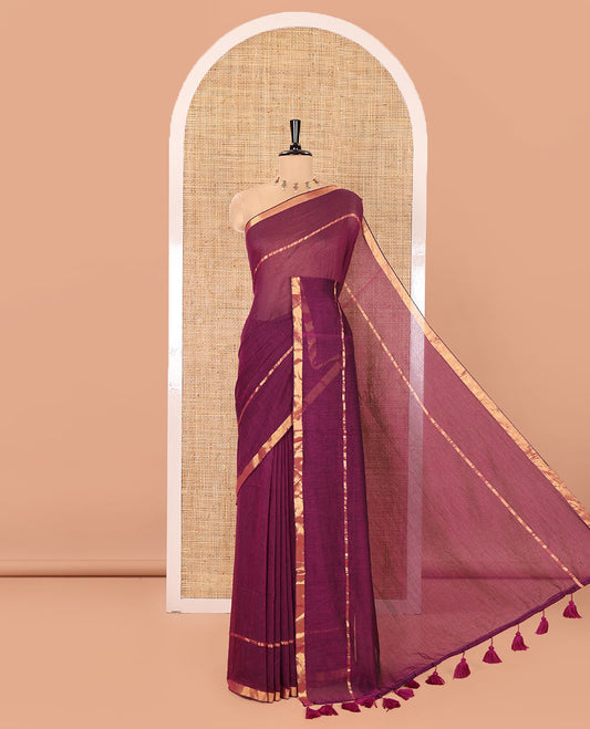 Violet Plain Khadi Mul Cotton Saree, Subtly Sparkled with Zari Border, Self-Pallu, and Paired with a Matching Blouse