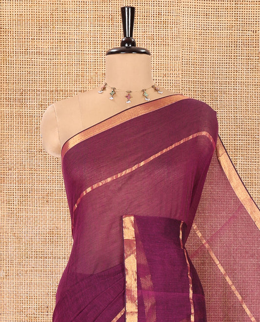 Violet Plain Khadi Mul Cotton Saree, Subtly Sparkled with Zari Border, Self-Pallu, and Paired with a Matching Blouse