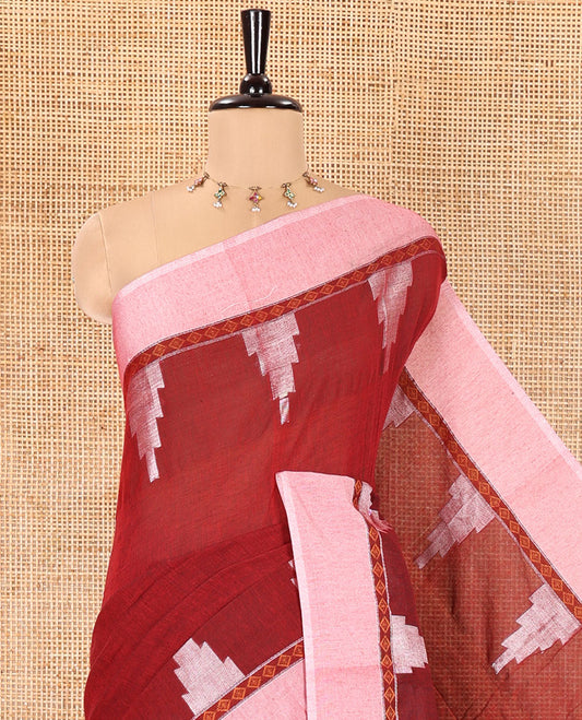 Maroon Plain Khadi Mul Cotton Saree, Complemented by a Contrast Temple Border, Textured Pallu of Temple Designs, and Paired with a Matching Blouse