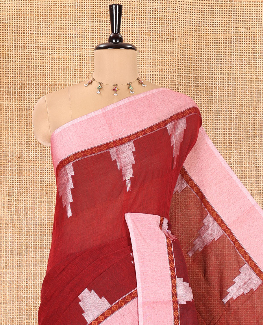 Maroon Plain Khadi Mul Cotton Saree, Complemented by a Contrast Temple Border, Textured Pallu of Temple Designs, and Paired with a Matching Blouse