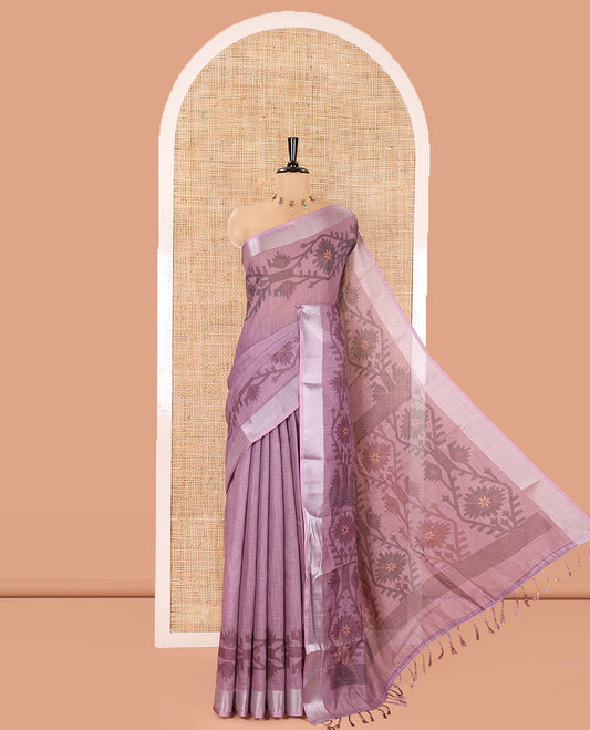 Light Purple Plain Linen Cotton Saree, Subtly Sparkled Zari Border of Jamdani-Style Leaf-Floral Designs, Pallu Depicting Jamdani-Style Designs, and Paired with a Matching Blouse