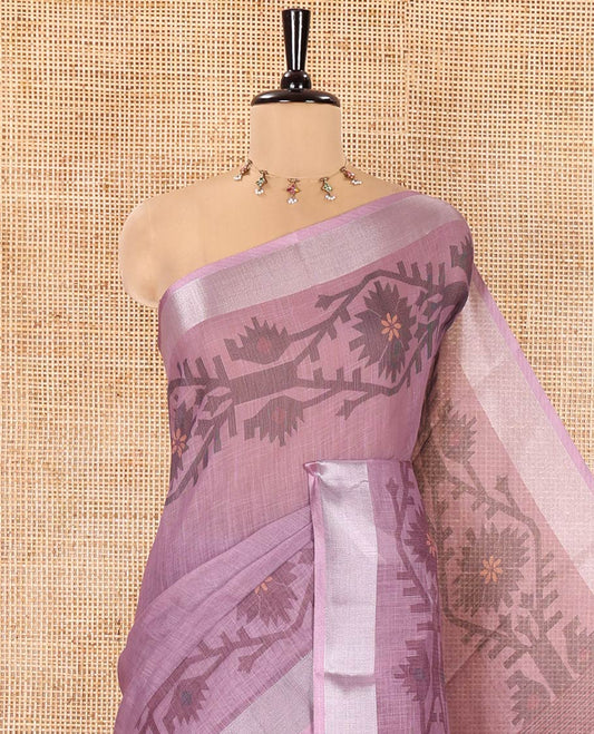 Light Purple Plain Linen Cotton Saree, Subtly Sparkled Zari Border of Jamdani-Style Leaf-Floral Designs, Pallu Depicting Jamdani-Style Designs, and Paired with a Matching Blouse