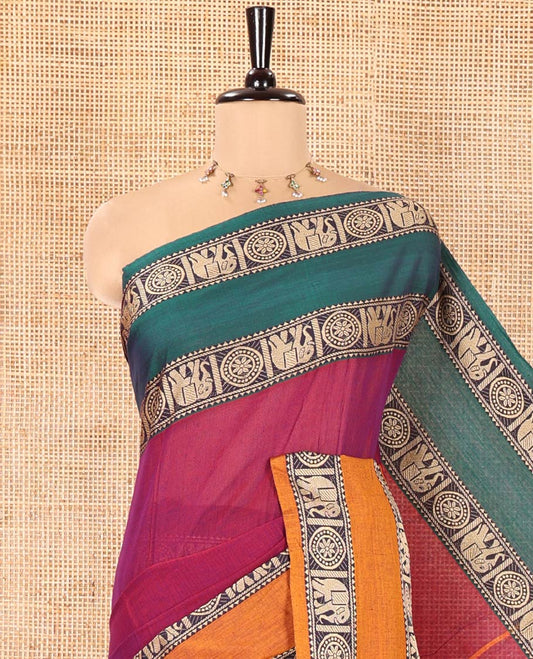 Purple Plain Mercerised Cotton Saree, Complemented by a Contrast Ganga-Jamuna Rettai Pettu Thread Border of Temple, Elephant, and Chakram Designs, Subtly Striped Pallu, and Paired with a Matching Blouse