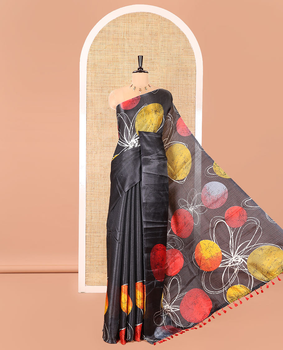 Borderless Black and Red Khadi Cotton Saree, Adorned with Big Circles Motifs, Floral Motifs, and Batik Print on Its Body, Self-Printed Pallu, and Paired with a Matching Printed Blouse