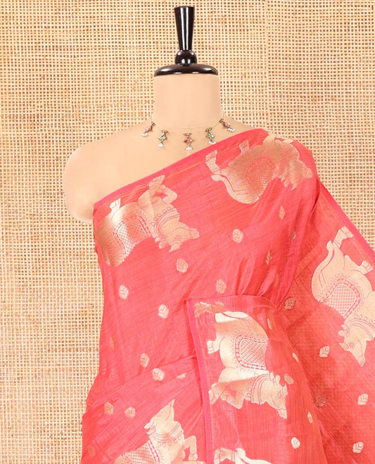 Red Art Tussar Saree, Ornamented with Gold Zari Buttas All Over Its Body, Highlighted by a Zari Border of Pichwai Cow Motifs, Grandly Woven Pallu, and Paired with a Matching Blouse