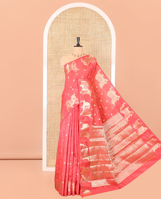 Red Art Tussar Saree, Ornamented with Gold Zari Buttas All Over Its Body, Highlighted by a Zari Border of Pichwai Cow Motifs, Grandly Woven Pallu, and Paired with a Matching Blouse