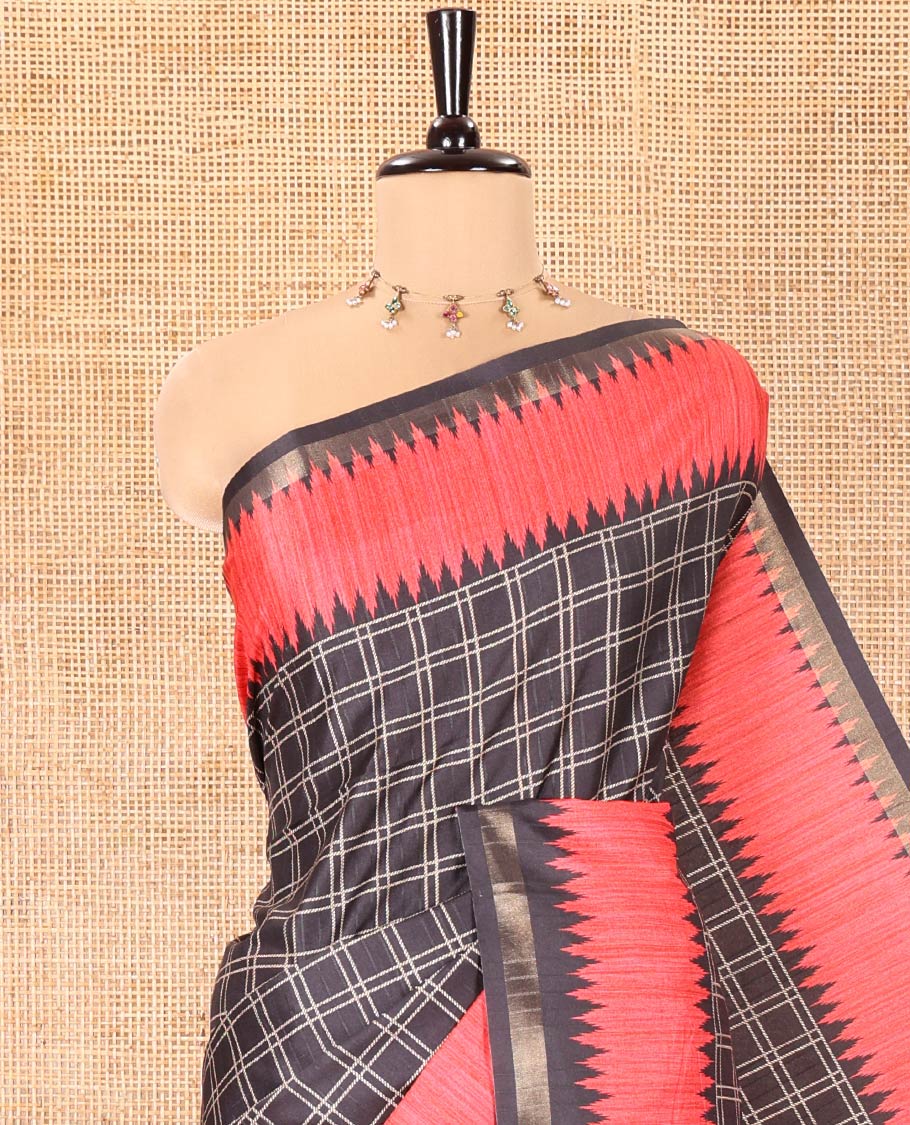 Black Katan Silk Saree, Detailed with Checked Design Print All Over Its Body, Complemented by Contrast Temple Border, Heathered Pallu, and Paired with a Contrast Blouse