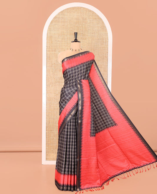 Black Katan Silk Saree, Detailed with Checked Design Print All Over Its Body, Complemented by Contrast Temple Border, Heathered Pallu, and Paired with a Contrast Blouse