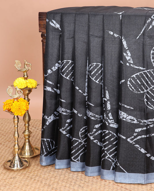 Black with grey geomentrical design khadhi silk saree with contrast striped border & geomentrical print pallu along with printed blouse