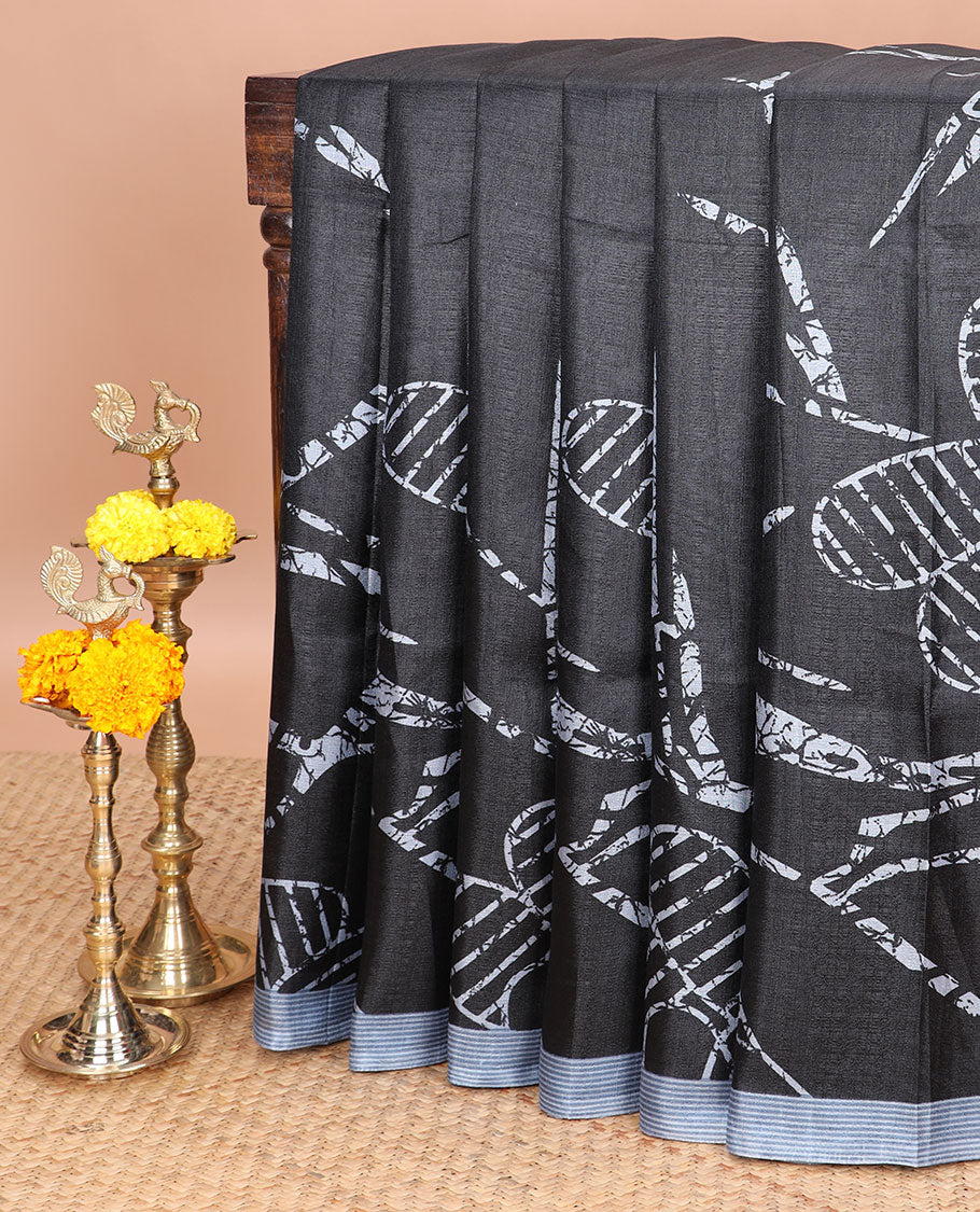 Black with grey geomentrical design khadhi silk saree with contrast striped border & geomentrical print pallu along with printed blouse