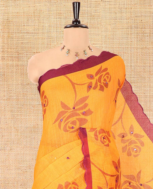 Yellow Linen Cotton Saree, Adorned with Floral Print and Mirror Work on Its Body, Complemented by Contrast Scallop Border, Pallu of Print and Mirror Work, and Paired with a Matching Blouse