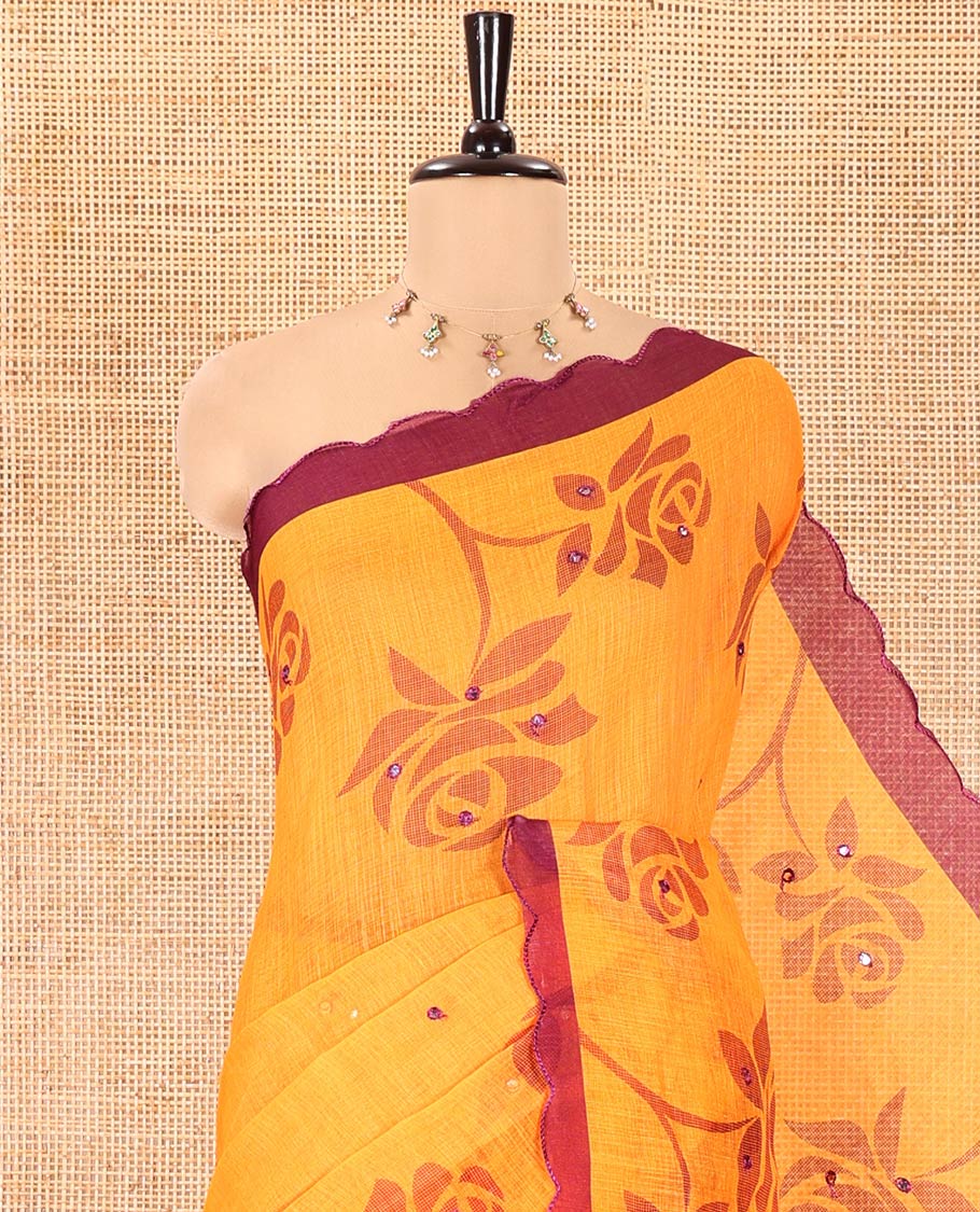 Yellow Linen Cotton Saree, Adorned with Floral Print and Mirror Work on Its Body, Complemented by Contrast Scallop Border, Pallu of Print and Mirror Work, and Paired with a Matching Blouse