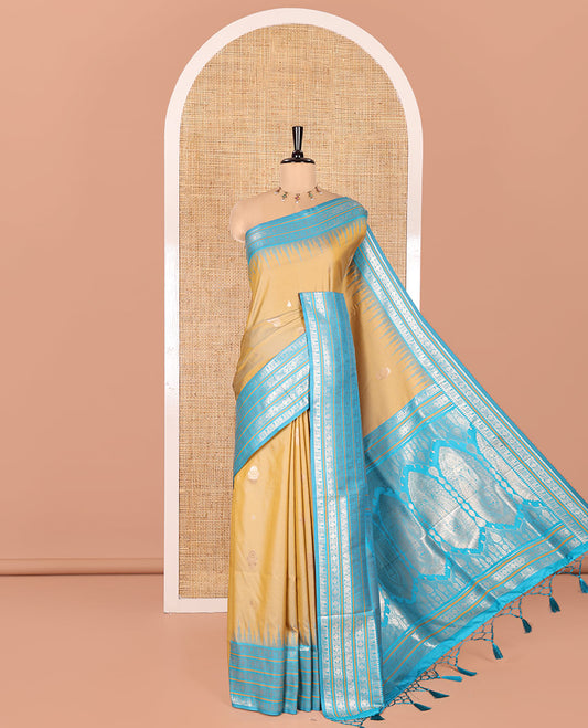 Mehendi Green Elite Soft Silk Saree, Bedecked with Zari Buttas All Over Its Body, Complemented by Contrast Temple Traditional Zari Border of Peacock-Rudraksham Motifs, Intricately Zari Woven Pallu and Paired with a Contrast Blouse