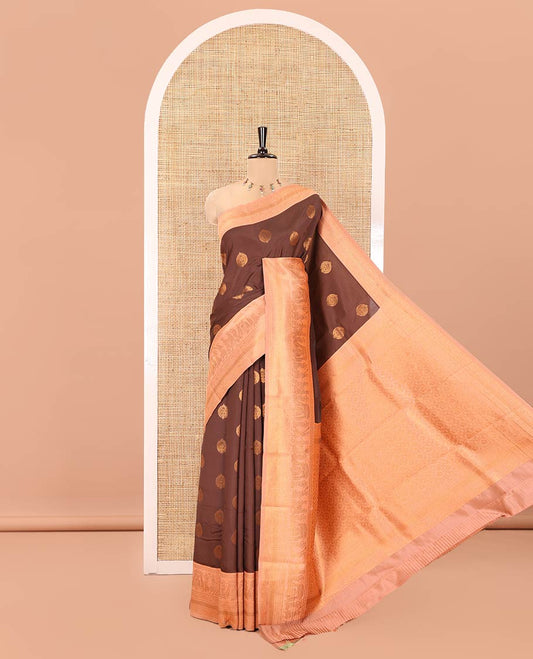 Brown-Peach Kanchi Silk Saree, Adorned with Zari Buttas All Over Its Body, Complemented by Contrast Traditional Zari Border of Wedding Theme Motifs, Grand Pallu and Paired with a Contrast Blouse