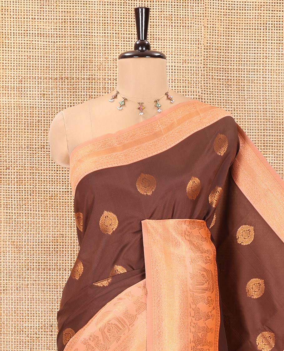Brown-Peach Kanchi Silk Saree, Adorned with Zari Buttas All Over Its Body, Complemented by Contrast Traditional Zari Border of Wedding Theme Motifs, Grand Pallu and Paired with a Contrast Blouse