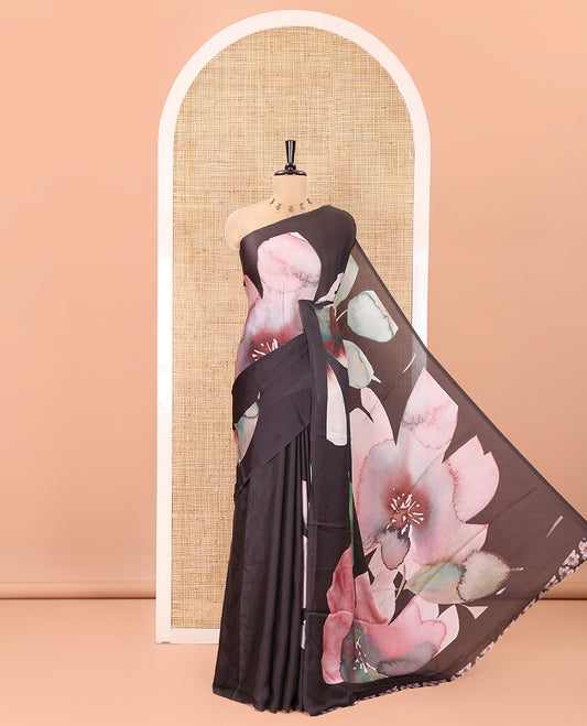 Borderless Black Satin Crepe Saree, Entralled with Abstract Floral Print On Its Body, Complemented by Floral Printed Pallu and Paired with a Printed Blouse